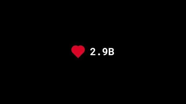 Social Media Like Counter Animation from 1 to 10 Billion with Heart Icon, Live Likes Growth, Viral Engagement Statistics, Digital Analytics UI Overlay, Alpha Channel Motion Graphics in 4K