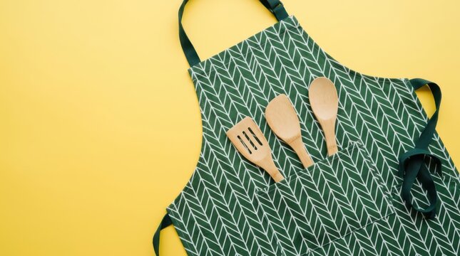Green apron with wooden kitchen utensils in pocket