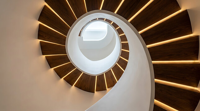 Modern Spiral Staircase: An elegant spiral staircase crafted from rich, dark wood features illuminated risers, creating a mesmerizing visual effect as it ascends into the light.