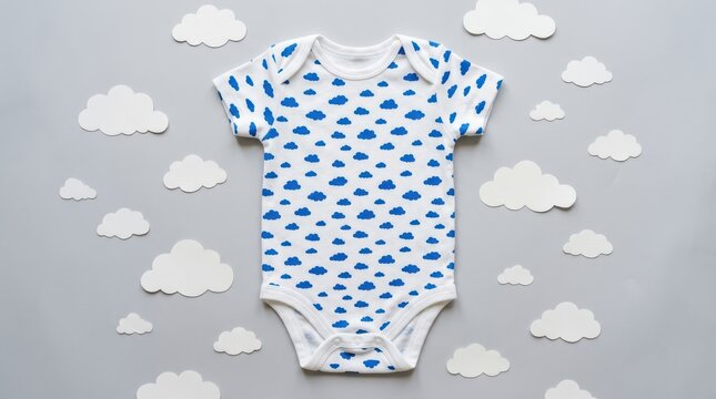 Baby bodysuit with blue cloud pattern surrounded by paper clouds