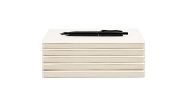 Minimalist stack of white notebooks with black pen, professional office stationery set, clean paper journals for creative writing and sketching isolated PNG with Transparent Background