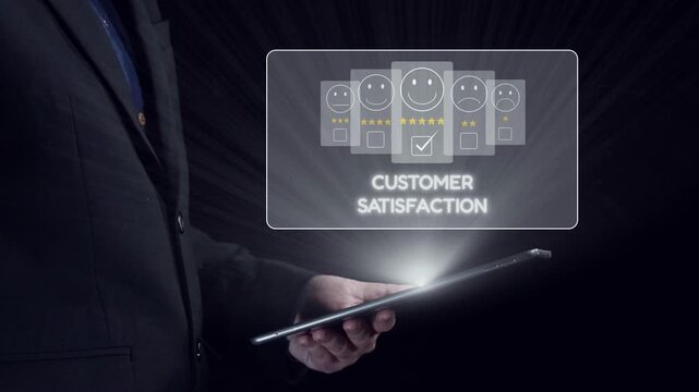 A professional holding a tablet displaying customer satisfaction ratings. The image represents digital feedback and evaluation processes in a modern business environment. Qubit