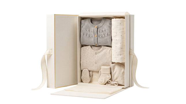Luxury newborn baby gift set in elegant white box, organic cotton infant clothing and accessories, premium baby shower hamper with knitted sweater isolated PNG with Transparent Background