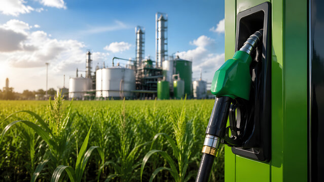 Biofuel gas pump with ethanol factory and corn field background