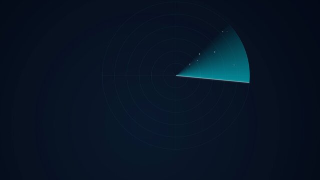 Futuristic radar screen displaying a cyan sector with glowing dots on a dark blue background, symbolizing detection, surveillance, and navigation, technology and military