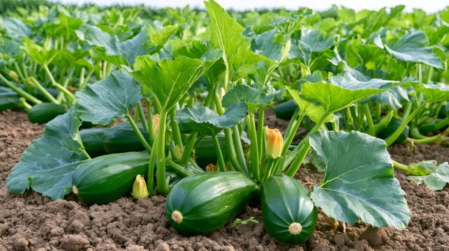 Zucchini growing in field with yellow flowers