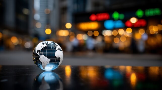 Globe on surface reflecting city lights, symbolizing global connections and urban focus