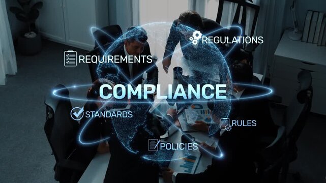 A dynamic business team collaborates in a modern office, focusing on compliance strategy while visual elements highlight important regulations and standards. Raster
