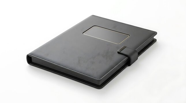 A closed black leather-like notebook or planner with a small rectangular window on the cover, isolated on a white background, office supply