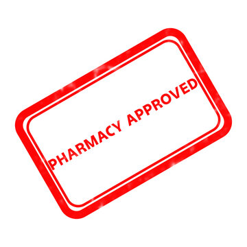 Pharmacy approved red rubber stamp, medical certification icon on white background, pharmaceutical validation and healthcare quality assurance symbol