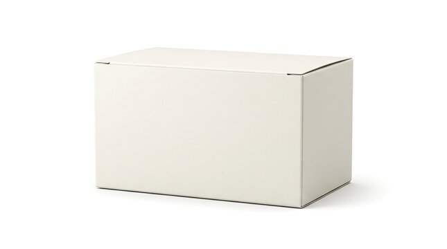 A plain white rectangular cardboard box with a lid, isolated on a white background, studio lighting, simple packaging mockup for products