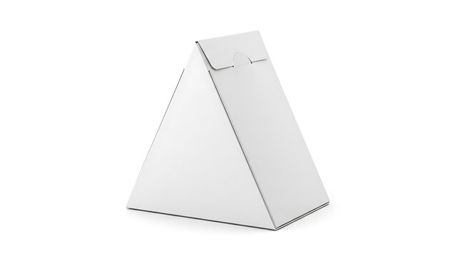 A white triangular cardboard box, isolated on a white background, unique food or gift packaging mockup with a clean and geometric