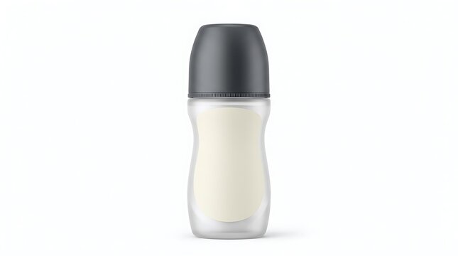 A white roll-on deodorant bottle with a dark grey cap, isolated on a white background, showing a blank label area for branding purposes