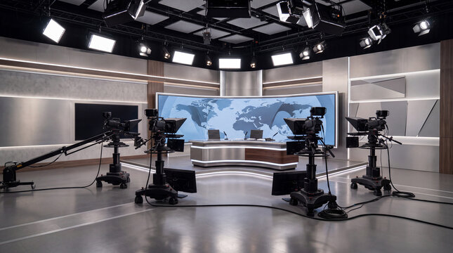 Empty television news studio preparing for broadcast