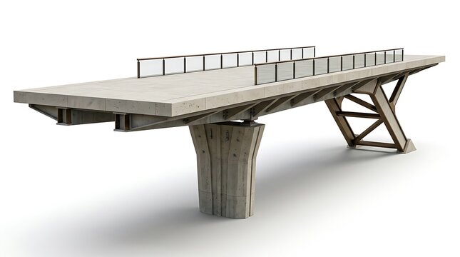 Concrete bridge section with steel supports and glass railings isolated on a white background, for architectural construction, and infrastructure