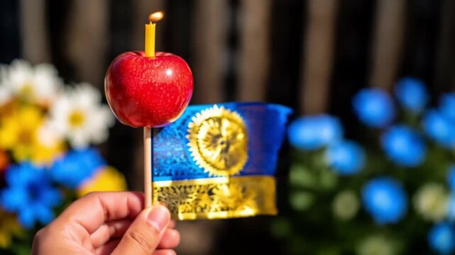 Hand holding apple with candle and flag in colorful floral setting  