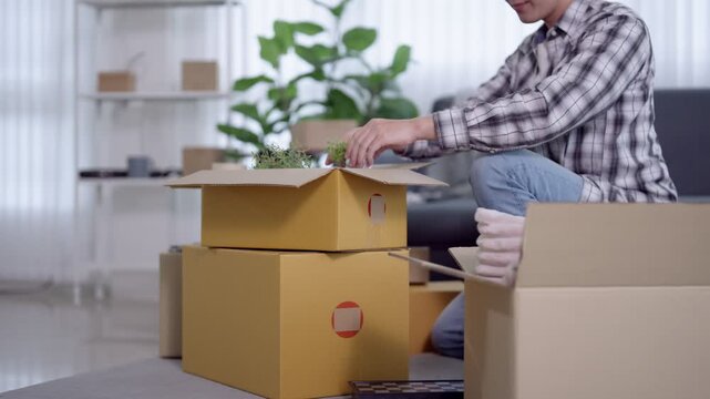 Asian man unpacking cardboard delivery boxes with potted plant in bright modern apartment with copy space
