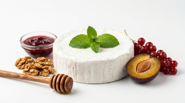 Brie cheese wheel with walnuts, red currants, plum, honey dipper and mint isolated on white background