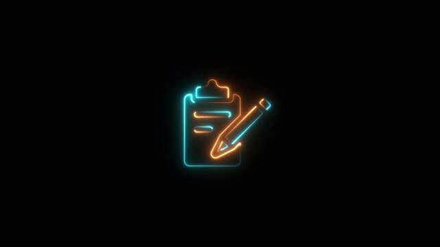 Neon documents check list icon animation. Pencil neon icon. Looped Neon Lines abstract on black background.