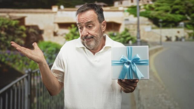 Man presenting a white gift box tied with a blue satin ribbon, right hand offering the box while left open palm shrugs on a street with stone buildings; uncertainty offering.