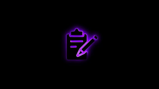 Neon documents check list icon animation. Pencil neon icon. Looped Neon Lines abstract on black background.