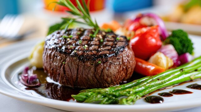 Juicy grilled steak with pattern, garnished by asparagus, rosemary, veggies, drizzled sauce on white plate
