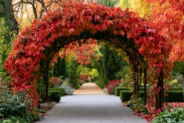 Fototapeta premium Autumn foliage archway leading through a serene garden path