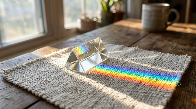 Glass prism casting a rainbow spectrum on a textured fabric mat