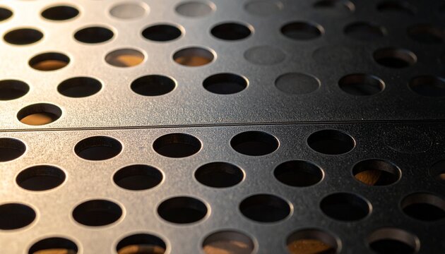 Close‑up perforated metal sheet with circular holes, symbolizing industrial design, symmetry, and geometric precision in modern material texture.