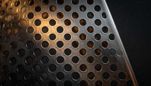 Close‑up perforated metal sheet with circular holes, symbolizing industrial design, symmetry, and geometric precision in modern material texture.