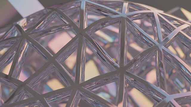 A closeup of a geodesic dome structure with faceted translucent panels
