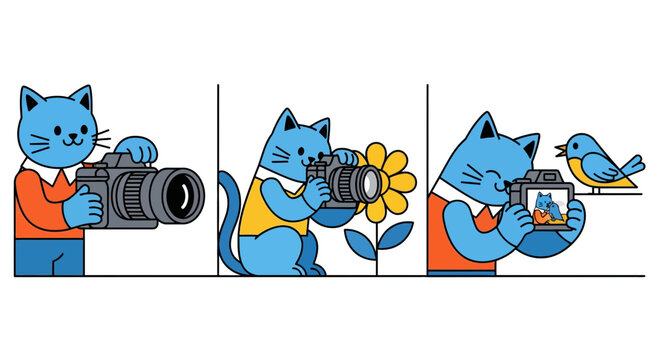 Cute Blue Cat Character Taking Nature Photos with Camera