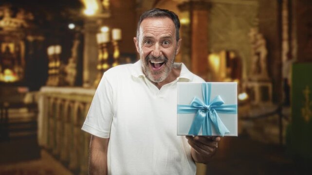 Man holding gift box with right hand, presenting a white box tied with blue ribbon, smiling with mouth open, wearing white polo shirt inside ornate church; celebration joy.