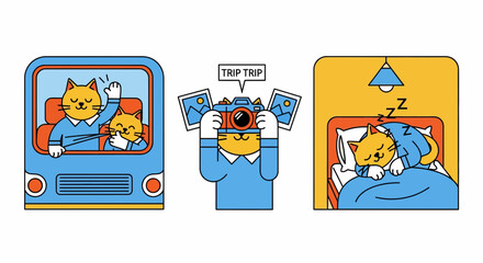 Fototapeta premium Cute cat travel journey taking photos and sleeping at home illustration