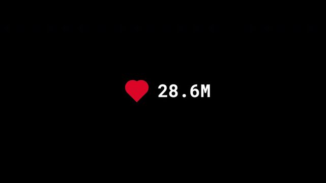 Social Media Like Counter Animation from 1 to 100 Million with Heart Icon, Live Likes Count, Viral Engagement Statistics, Digital Analytics UI Overlay, Alpha Channel Motion Graphics, 4K