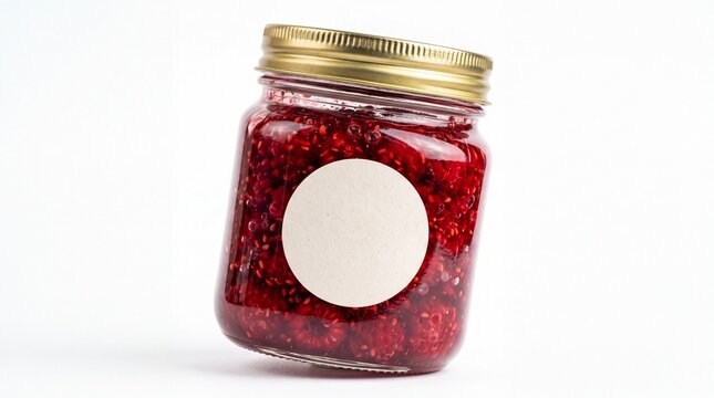Sweet raspberry jam preserved in glass jar with blank circular sticker label on white background