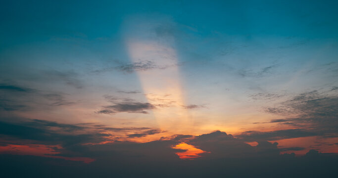 4k Aerial of Cloud with sunset sky background in Thailand,Cloudscape time lapse background Dark red purple sunset sky Nature background, sunset in the clouds