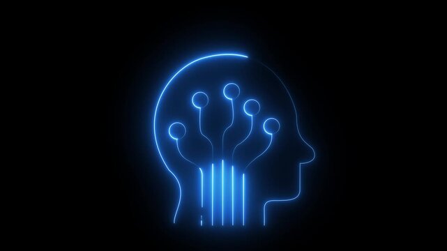 Glowing neon ai-brain icon isolated on black background. motion graphic of ai brain concept. artificial intelligence animation 4k video