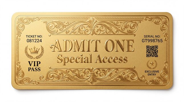 Luxurious golden vip pass ticket featuring intricate ornate patterns and bold embossed text on white background