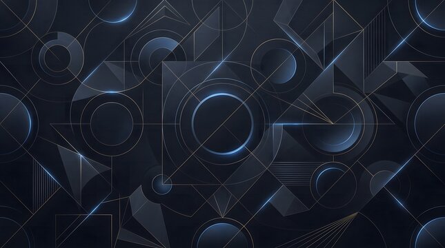 Abstract dark geometric background with glowing blue circles. Futuristic technology concept. Modern vector illustration with circles and squares.