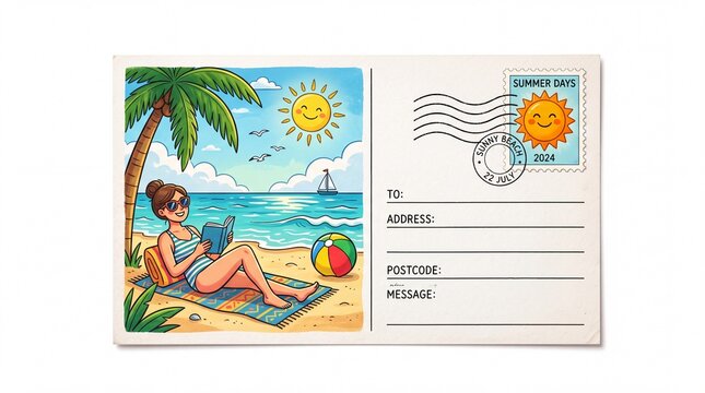 Woman reading a book while sitting on a tropical beach postcard design on white background