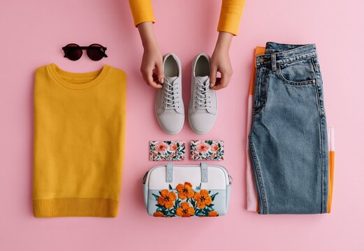 Outfit with trendy casual clothing style featuring jeans and accessories flat lay