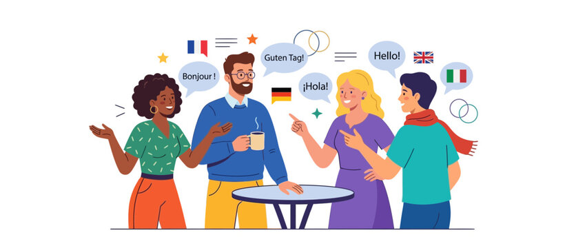 Diverse people communicating in different languages