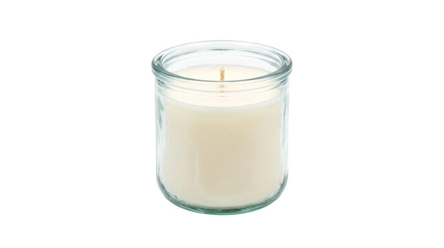 Minimalist white scented candle in clear glass jar, elegant soy wax candle for home decor, luxury aromatherapy candle with cotton wick isolated PNG with Transparent Background