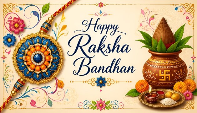 Happy Raksha Bandhan Greeting Card with Decorative Rakhi Floral Design and Kalash on White Background