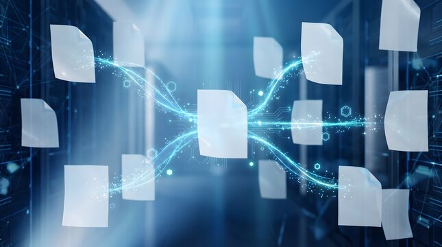 Digital document icons with glowing blue network connections. Modern file transfer concept with virtual data sheets. Abstract technology interface for data management.