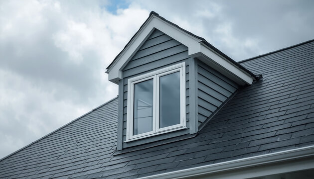 Dormer window on a gray shingled house roof