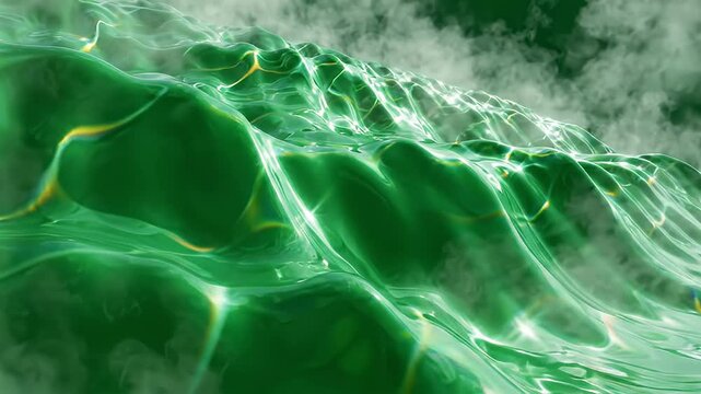 Abstract emerald green waves with shimmering highlights and wisps of smoke