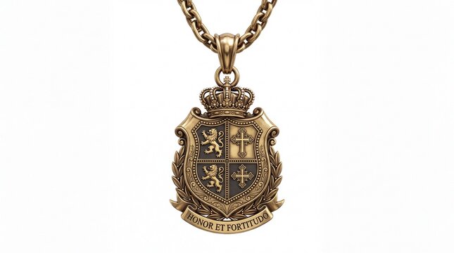 Ornate gold royal shield pendant necklace featuring regal crown and intricate crest design on white background