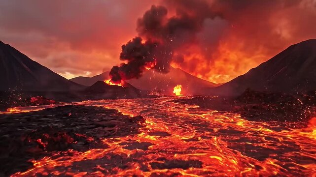 Dramatic Volcanic Eruption with Fiery Lava Flow and Ash Cloud at Sunset